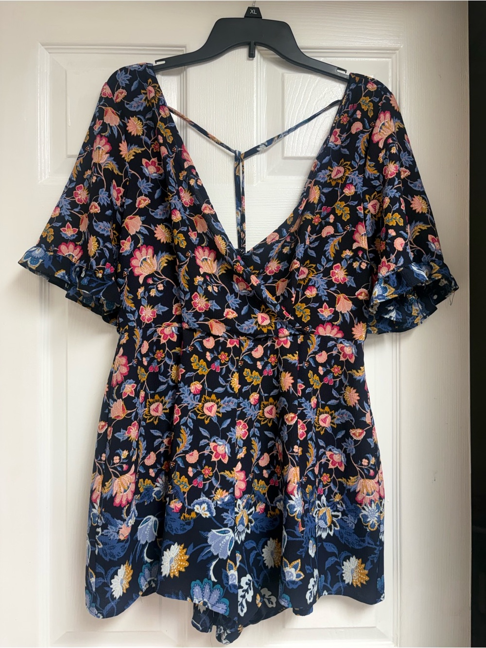 Trixxi Navy Floral V-Neck Romper with Pink & Yellow Accents